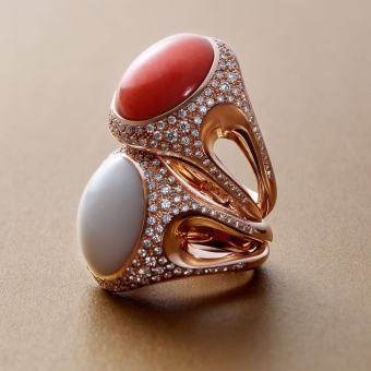 Cabachon coral and moonstone with diamonds