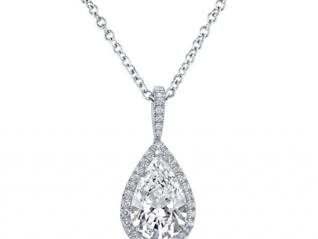 pear shaped diamond necklace, Diamond solitaire with a Halo of diamonds, Marquise, oval, round pear shaped