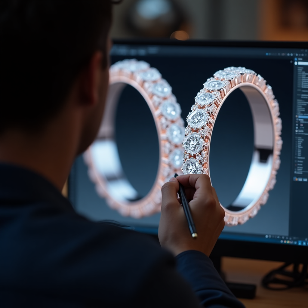 Jewelry designer using CAD software to create a 3D model of a diamond-studded rose gold ring on a computer screen, highlighting modern digital craftsmanship